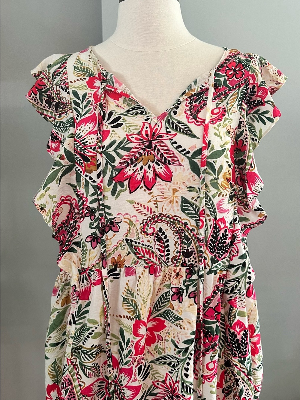 Floral Ruffle Sleeve V-Neck Women’s Top - Pink/Green